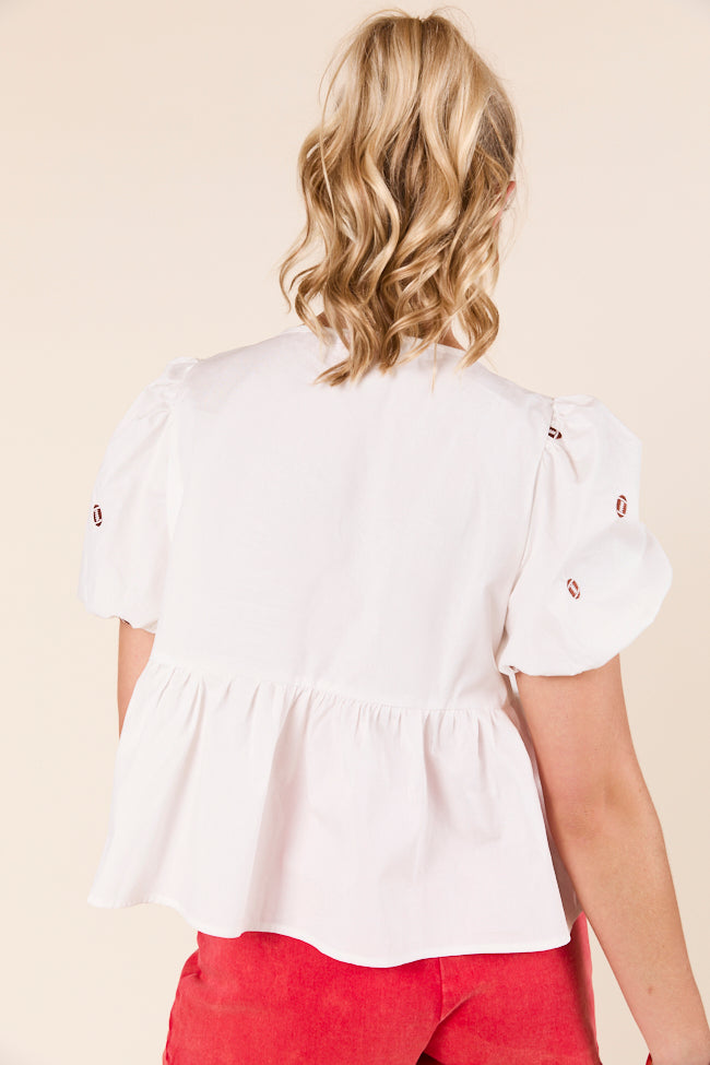 Angela Short Sleeve White Embroidered Football Peplum Top FINAL SALE - Image 7