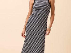 Emmie Lou Black Striped Ribbed Knit Maxi Dress