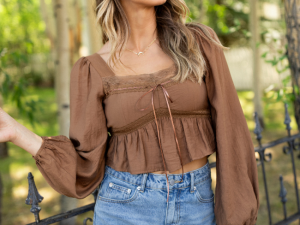 Ann Maria Brown Lace Trim Blouse