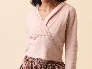 Kayce Pink Hooded V-Neck Surplice Sweater