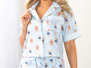 Bearly Asleep Teddy Bear Printed Short Sleeve Pajama Top FINAL SALE
