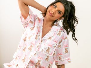 Snuggled Up Teddy Bear Printed Contrast Tie Detail Satin Short Sleeve Pajama Top FINAL SALE