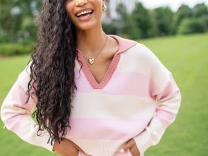 Hibiscus Pink and Cream Striped Collared V-Neck Sweater