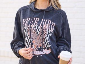 Free Bird Black Oversized Graphic Hoodie