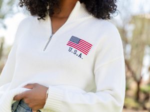 Fly High Cream American Flag Embroidered Quarter Zip Pullover FINAL SALE