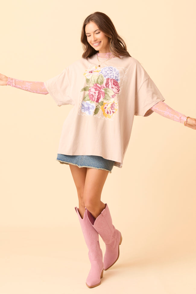 Floral Stamp Taupe Oversized Graphic Tee - Image 4