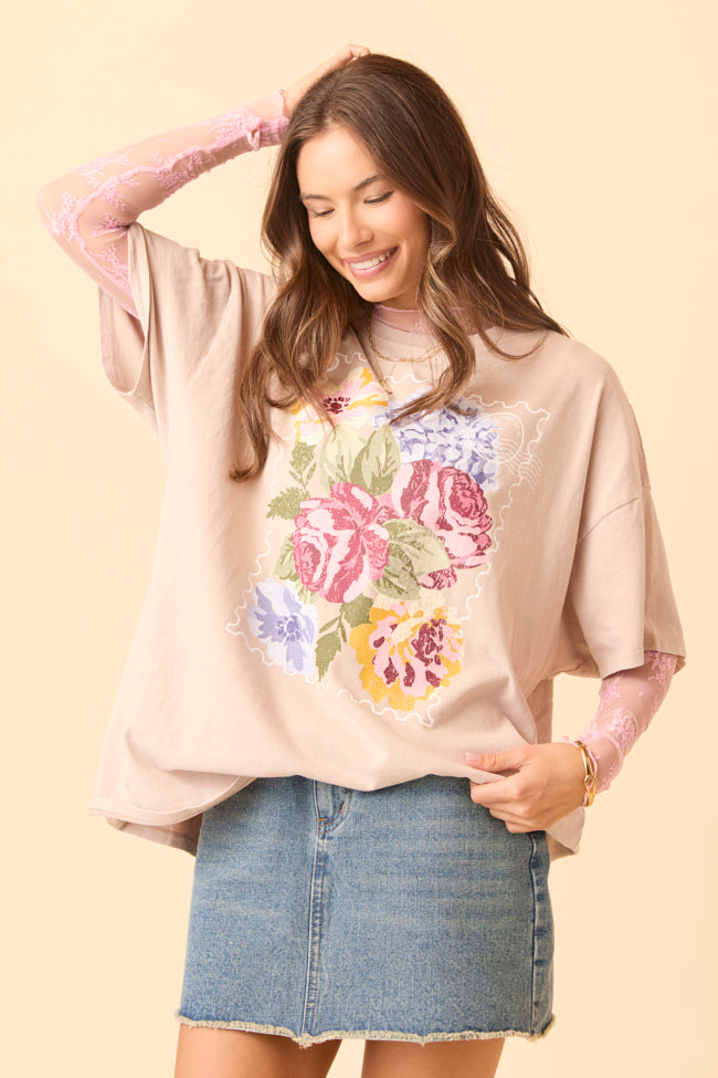 Floral Stamp Taupe Oversized Graphic Tee - Image 2