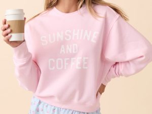 Sunshine and Coffee Soft Pink Raw Hem Fleece Graphic Sweatshirt
