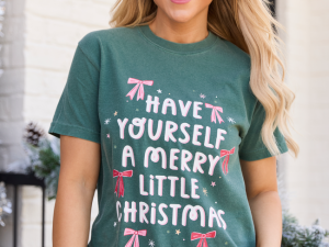 Merry Christmas Bows Dark Green Graphic Tee