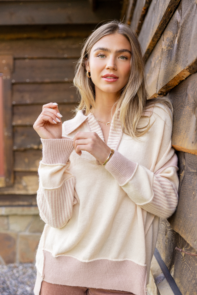 Think About It Cream and Mauve Collared Oversized Sweater - Image 2