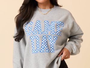 Checkered Blue Game Day Light Grey Graphic Sweatshirt