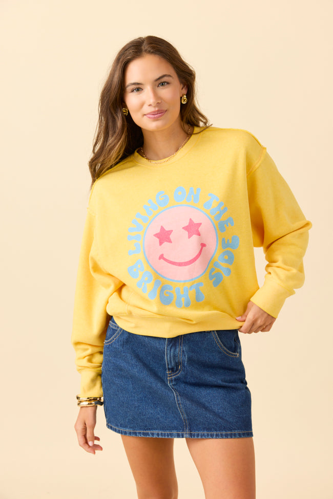 Living On The Bright Side Yellow Raw Hem Fleece Graphic Sweatshirt