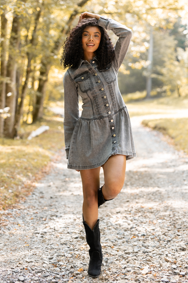 My Favorite Black Long Sleeve Button Front Mini Dress