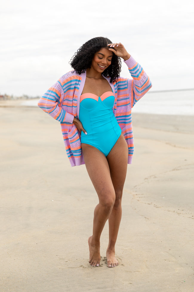 Sandbar Soiree Blue and Coral Contrast Trim One Piece Swimsuit FINAL SALE - Image 2