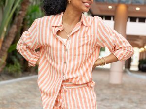 With The Tide Coral Striped Button Up Top FINAL SALE