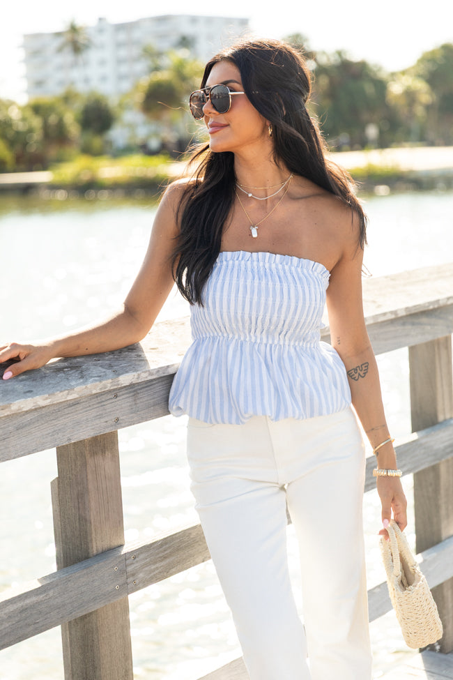 Always Captivating Blue Gingham Strapless Bubble Hem Top FINAL SALE