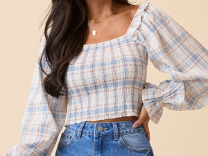 Willow Blue Plaid Smocked Balloon Sleeve Top