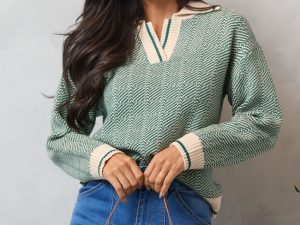 Candice Green Patterned V-Neck Pullover