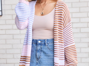 Shelbie Long Sleeve Blue and Pink Open Cardigan