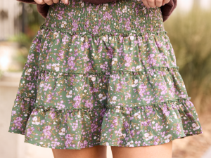 Through the Garden Green and Lavender Floral Print Skort