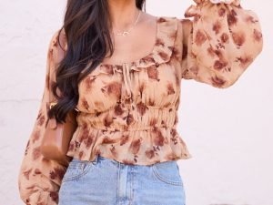 Melana Tan Ruched Ruffled Top