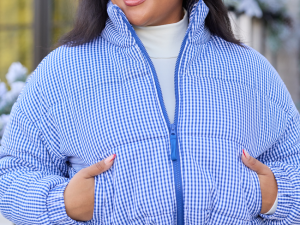 Paloma Navy Blue Gingham Zip Up Puffer Jacket