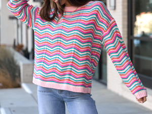 Shyla Pink Multi Stripe Crewneck Sweater