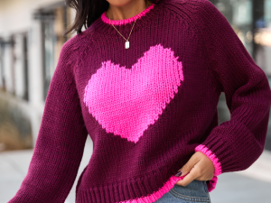 Cheyanne Burgundy And Pink Heart Crewneck Sweater