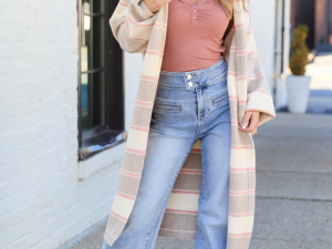 Breleigh Taupe and Pink Striped Long Cardigan