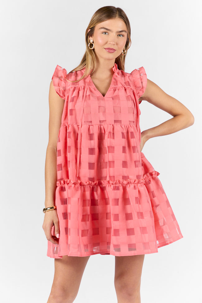 On The Line Coral Ruffle Shoulder Textured Mini Dress FINAL SALE