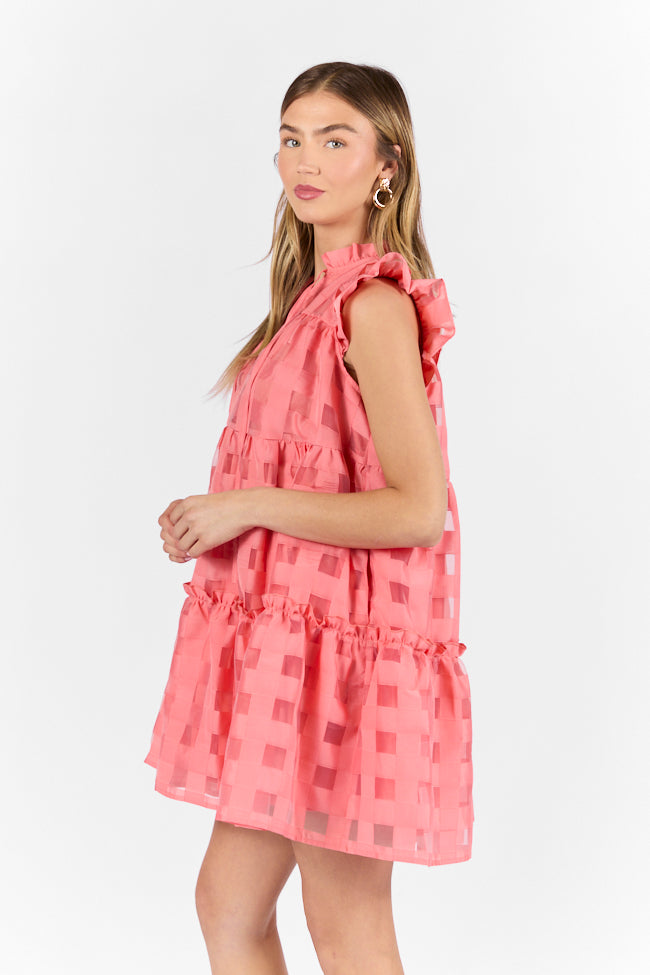 On The Line Coral Ruffle Shoulder Textured Mini Dress FINAL SALE - Image 3