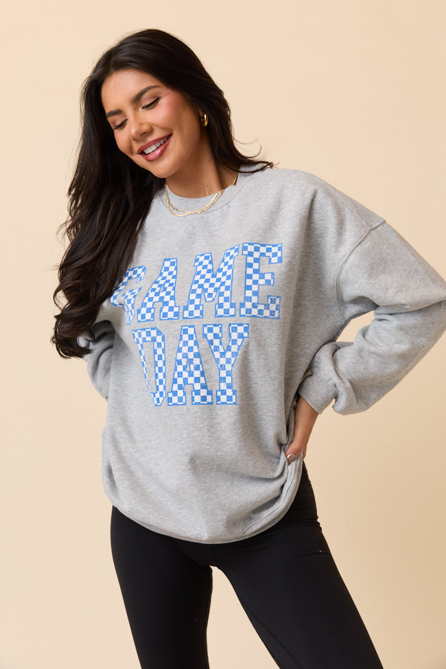 Checkered Blue Game Day Light Grey Graphic Sweatshirt - Image 3