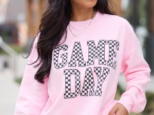Checkered Game Day Light Pink Graphic Sweatshirt