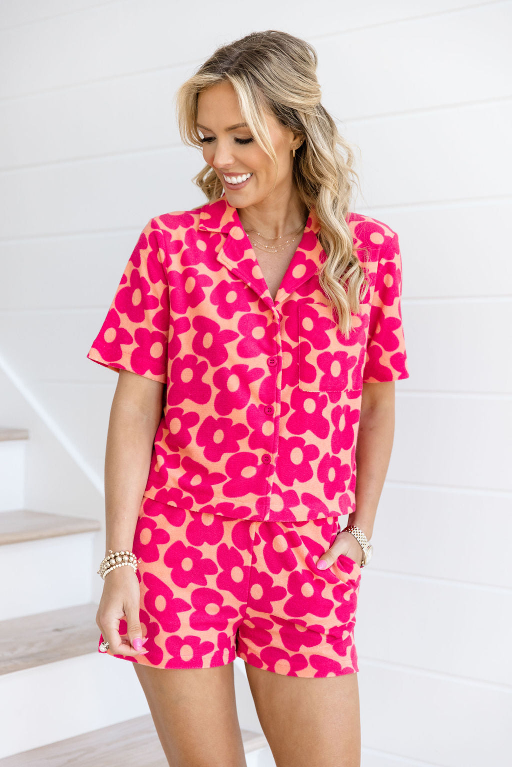 Girls Just Wanna Have Fun Button Down Terry Top In Floral Flair FINAL SALE - Image 3