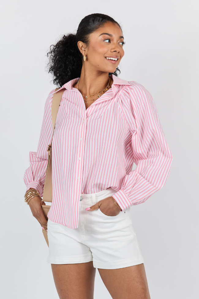 Here Lately Pink Striped Button Down Top FINAL SALE
