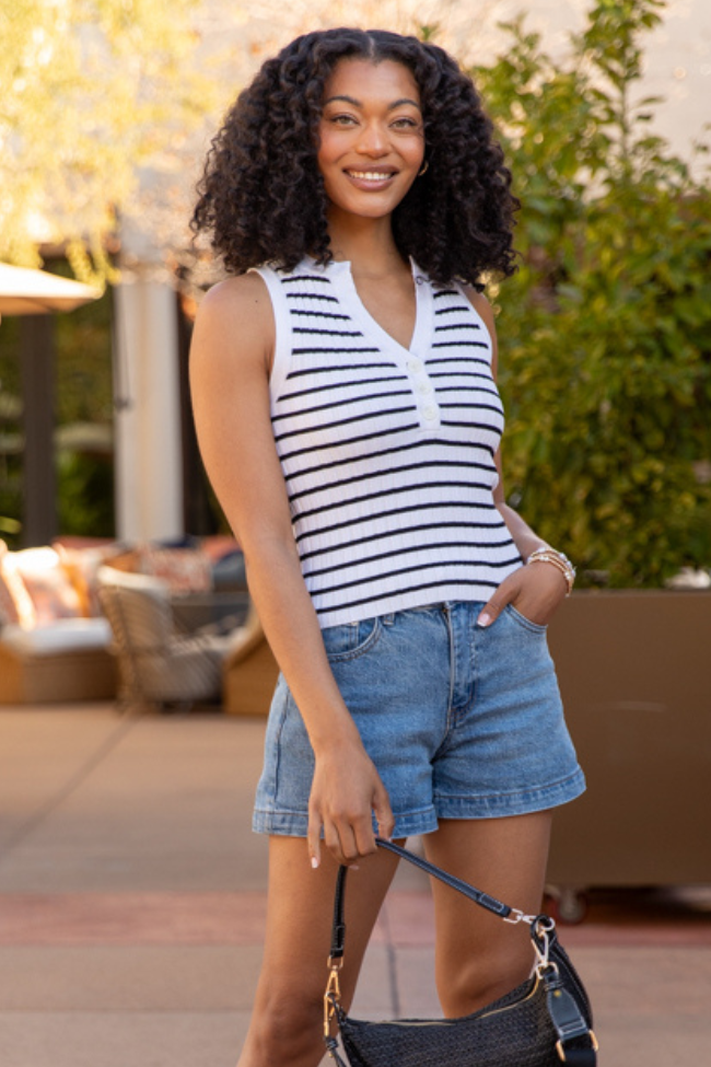 Read Between The Lines Ivory and Black Striped Henley Tank FINAL SALE - Image 2